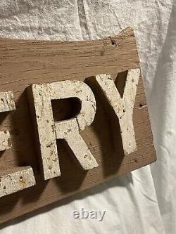 Antique Folk Art Carved Painted Wooden Camp Avery Sign with raised lettering