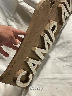 Antique Folk Art Carved Painted Wooden Camp Avery Sign with raised lettering