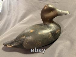 Antique Folk Art Carved & Painted Wooden Redhead Duck Decoy signed Denis Luneau