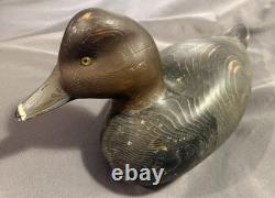 Antique Folk Art Carved & Painted Wooden Redhead Duck Decoy signed Denis Luneau