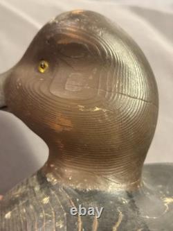 Antique Folk Art Carved & Painted Wooden Redhead Duck Decoy signed Denis Luneau