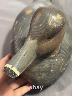 Antique Folk Art Carved & Painted Wooden Redhead Duck Decoy signed Denis Luneau
