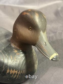 Antique Folk Art Carved & Painted Wooden Redhead Duck Decoy signed Denis Luneau