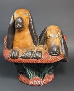 Antique Folk Art Carved Wood Dachshund Puppies in a Basket Sculpture