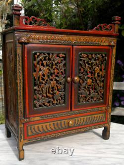 Antique Folk Art Carved Wood Hand Painted Table Top Cabinet c1900