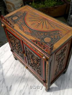 Antique Folk Art Carved Wood Hand Painted Table Top Cabinet c1900