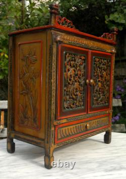 Antique Folk Art Carved Wood Hand Painted Table Top Cabinet c1900