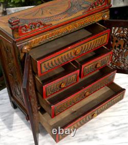 Antique Folk Art Carved Wood Hand Painted Table Top Cabinet c1900