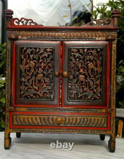 Antique Folk Art Carved Wood Hand Painted Table Top Cabinet c1900