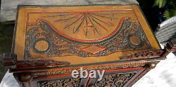 Antique Folk Art Carved Wood Hand Painted Table Top Cabinet c1900