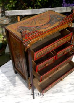 Antique Folk Art Carved Wood Hand Painted Table Top Cabinet c1900