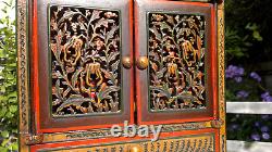 Antique Folk Art Carved Wood Hand Painted Table Top Cabinet c1900