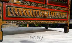 Antique Folk Art Carved Wood Hand Painted Table Top Cabinet c1900
