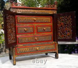 Antique Folk Art Carved Wood Hand Painted Table Top Cabinet c1900