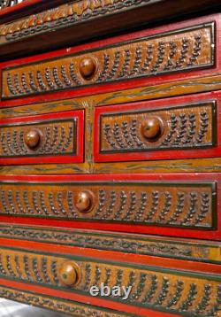 Antique Folk Art Carved Wood Hand Painted Table Top Cabinet c1900