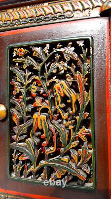 Antique Folk Art Carved Wood Hand Painted Table Top Cabinet c1900