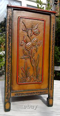 Antique Folk Art Carved Wood Hand Painted Table Top Cabinet c1900