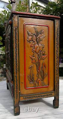 Antique Folk Art Carved Wood Hand Painted Table Top Cabinet c1900