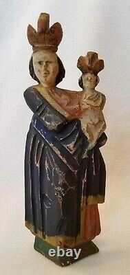 Antique Folk Art Carved Wood Madonna And Child Santos Figure Original Polychrome