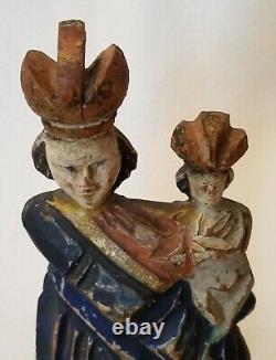 Antique Folk Art Carved Wood Madonna And Child Santos Figure Original Polychrome