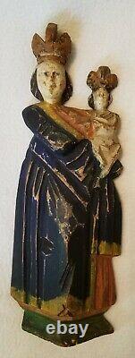 Antique Folk Art Carved Wood Madonna And Child Santos Figure Original Polychrome
