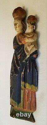 Antique Folk Art Carved Wood Madonna And Child Santos Figure Original Polychrome
