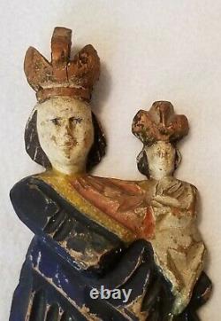 Antique Folk Art Carved Wood Madonna And Child Santos Figure Original Polychrome