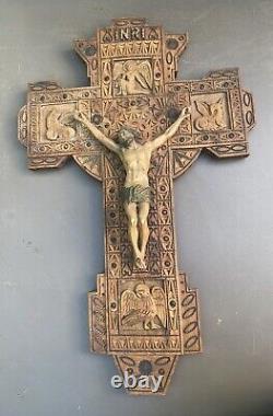 Antique Folk Art Carved Wooden 24 Inri Crucifix Cross