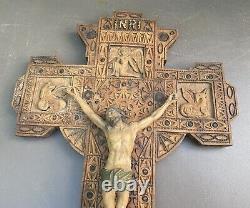 Antique Folk Art Carved Wooden 24 Inri Crucifix Cross