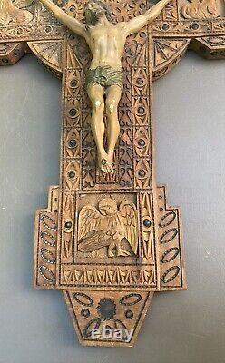 Antique Folk Art Carved Wooden 24 Inri Crucifix Cross