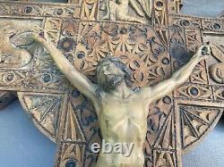 Antique Folk Art Carved Wooden 24 Inri Crucifix Cross