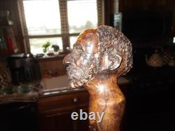 Antique Folk Art Carved Wooden Cane African Mans Head Hard Wood