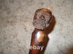 Antique Folk Art Carved Wooden Cane African Mans Head Hard Wood