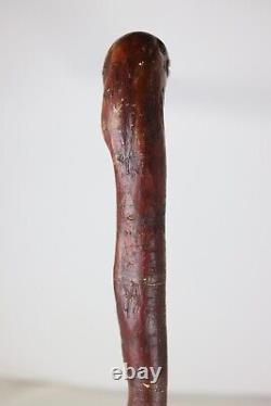 Antique Folk Art Carved Wooden Snake Cane Walking Stick Red Painted 34.5