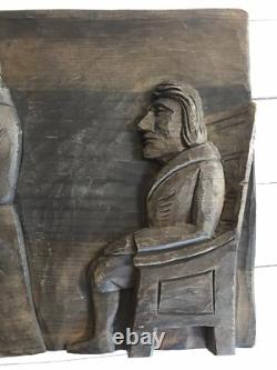 Antique Folk Art Carving Carved Wood Relief Plaque Men Teacher Student Primitive
