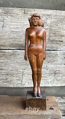Antique Folk Art Carving Nude Woman High Heels Circa 1930 Art Deco
