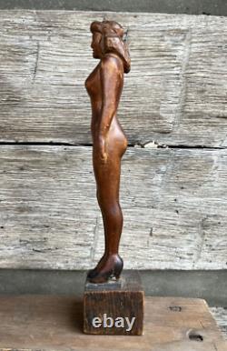 Antique Folk Art Carving Nude Woman High Heels Circa 1930 Art Deco