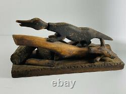 Antique Folk Art Crocodile Alligator Wood Carved Ink Well NEAT wooden