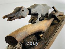 Antique Folk Art Crocodile Alligator Wood Carved Ink Well NEAT wooden