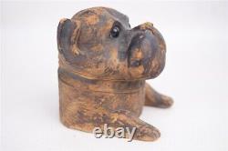 Antique Folk Art Figural Inkwell Sitting Dog Carved Wood American New England