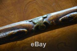 Antique Folk Art Hand Carved 2 Alligators Frog Walking Cane Stick Crocodile Vtg