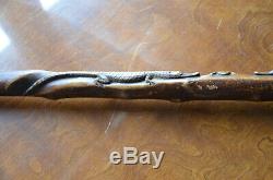 Antique Folk Art Hand Carved 2 Alligators Frog Walking Cane Stick Crocodile Vtg