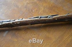 Antique Folk Art Hand Carved 2 Alligators Frog Walking Cane Stick Crocodile Vtg