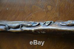 Antique Folk Art Hand Carved 2 Alligators Frog Walking Cane Stick Crocodile Vtg