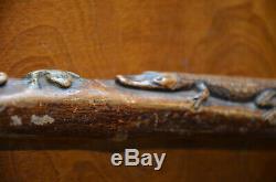 Antique Folk Art Hand Carved 2 Alligators Frog Walking Cane Stick Crocodile Vtg