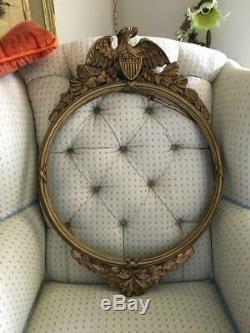 Antique Folk Art Hand Carved Gold Wood American Eagle Round Wall Mirror Frame