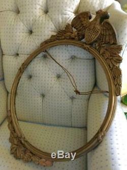 Antique Folk Art Hand Carved Gold Wood American Eagle Round Wall Mirror Frame
