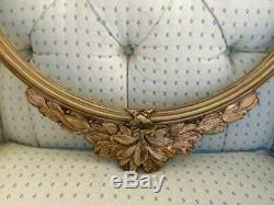 Antique Folk Art Hand Carved Gold Wood American Eagle Round Wall Mirror Frame