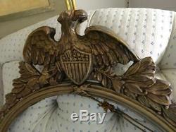 Antique Folk Art Hand Carved Gold Wood American Eagle Round Wall Mirror Frame