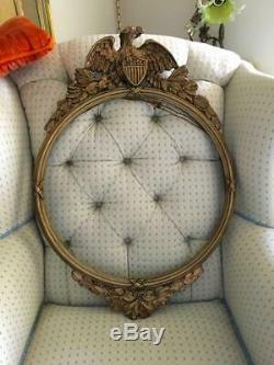 Antique Folk Art Hand Carved Gold Wood American Eagle Round Wall Mirror Frame